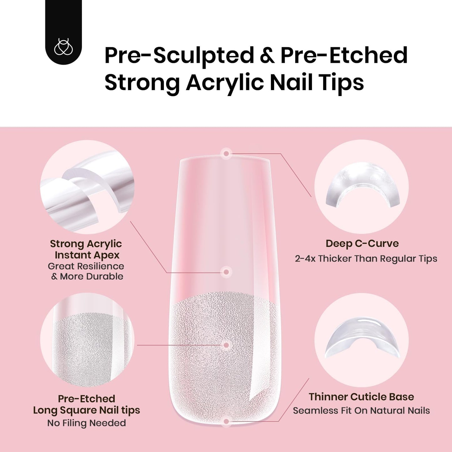 Beetles Tipex Instant Apex Nail Tips, Long Square, 16 Sizes |00–14, 192pcs, Built-In Apex, No Builder Gel Required, Thicker Strong Acrylic Tips for DIY Nail Extensions