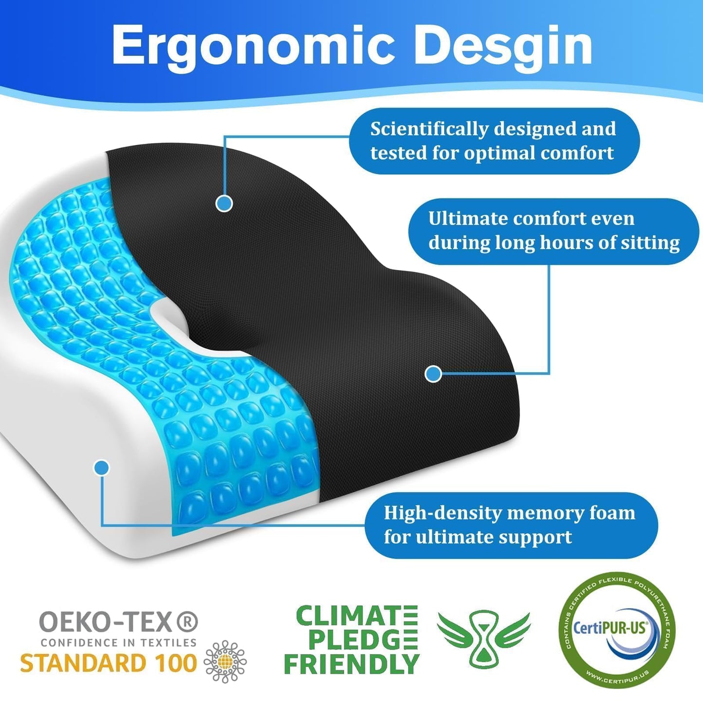 TranquilRelax Seat Cushion Office Chair Cushion for Back & Tailbone & Sciatica Pain Relief, Black Memory Foam Desk Chair Cushion Pressure Relief Seat for Long Sitting Car Drivers, Office Worker