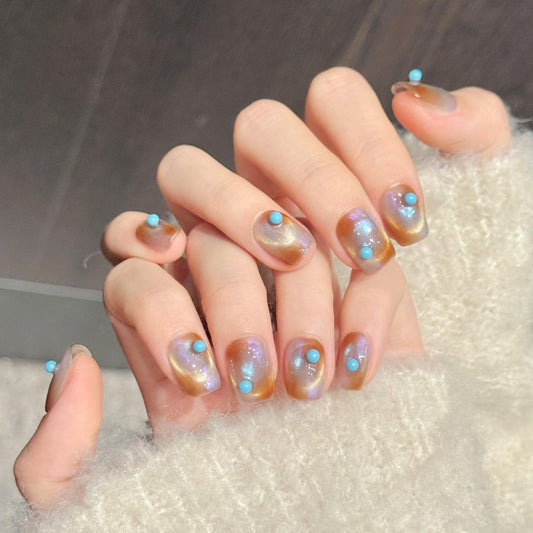 NLSJMP handmade press on Salon Quality nails Reusable short square little blue ball cat eye brown cute acrylic fake nails designed kit,10 pcs Size M #3354