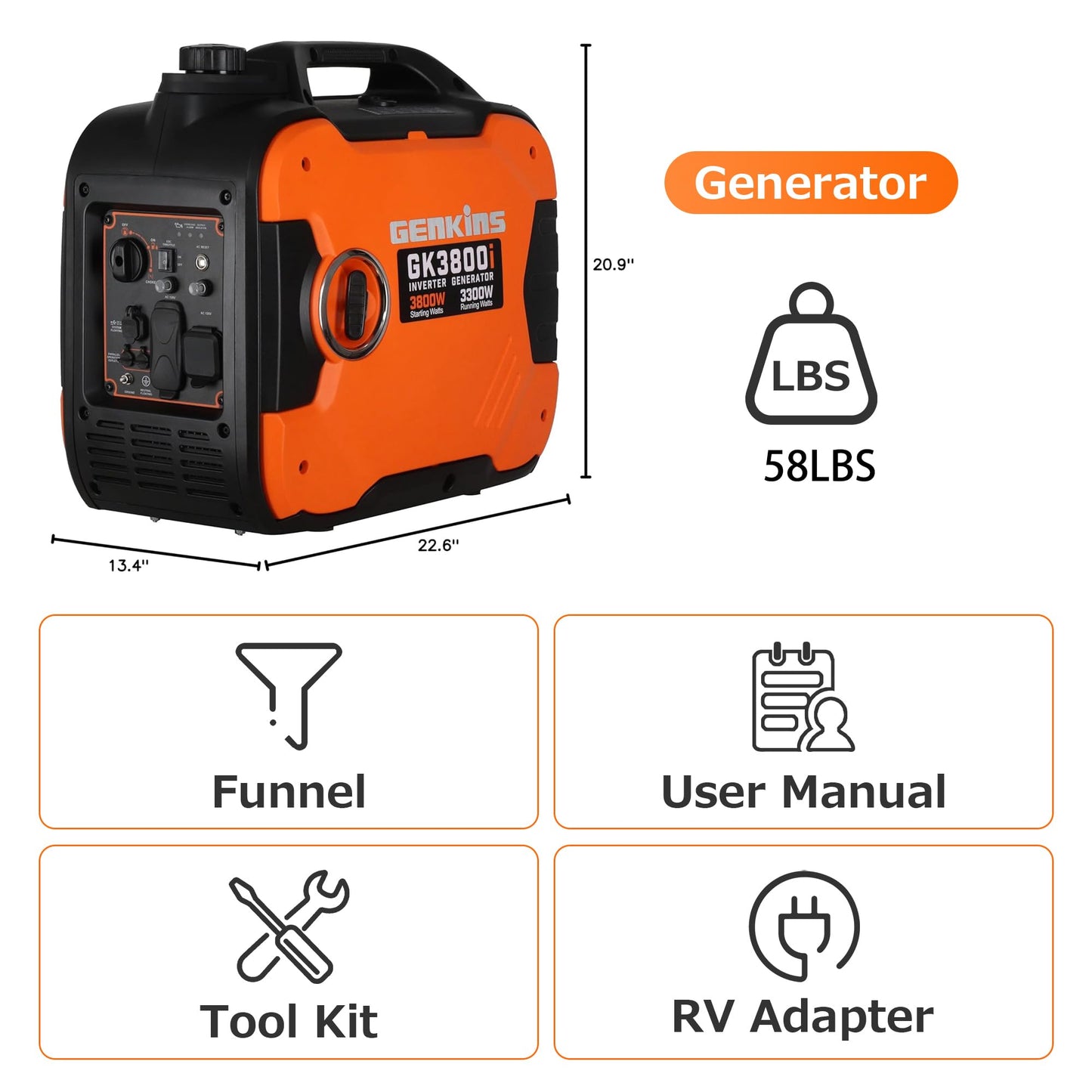 GENKINS 3800W Portable Parallel Capable Inverter Generator,Gas Powered,CO Sensor & ESC Fuel-Saving,Ultra Quiet, RV Ready, Ideal for Camping & Outdoor Use, EPA Compliant