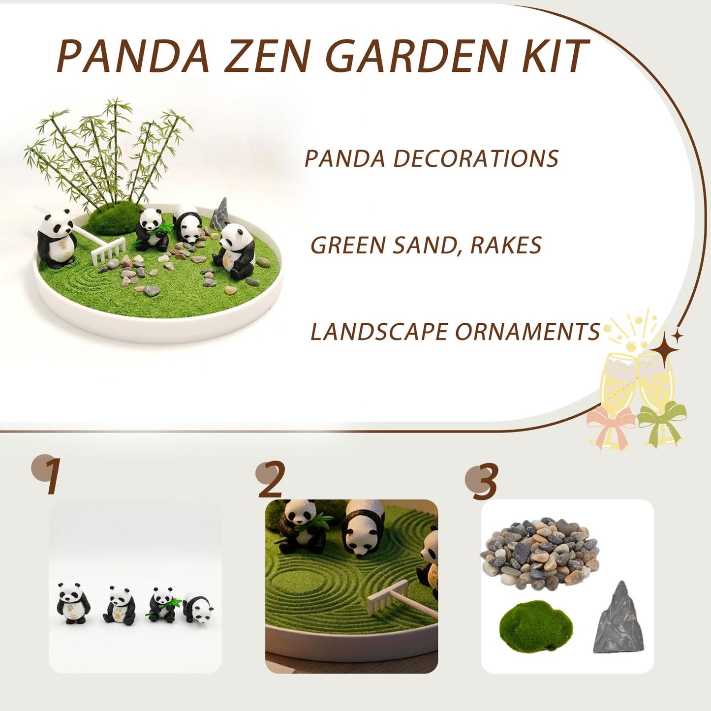Panda Zen Garden Kit, Desktop Zen Garden,with Haystack,Rockery,Rake and Landscape Stones,for Home Office Desk Decor & Stress Relief