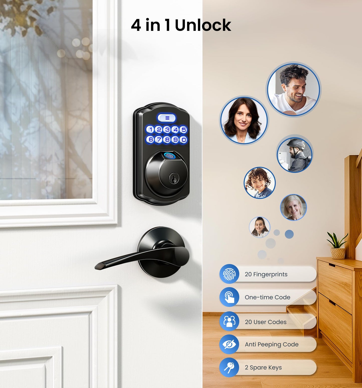 Veise KS02A Fingerprint Keyless Entry Door Lock, Auto Lock, Electronic Keypad Deadbolt for Front Door, Biometric, Anti-Peeping Password, Easy Install, Matte Black