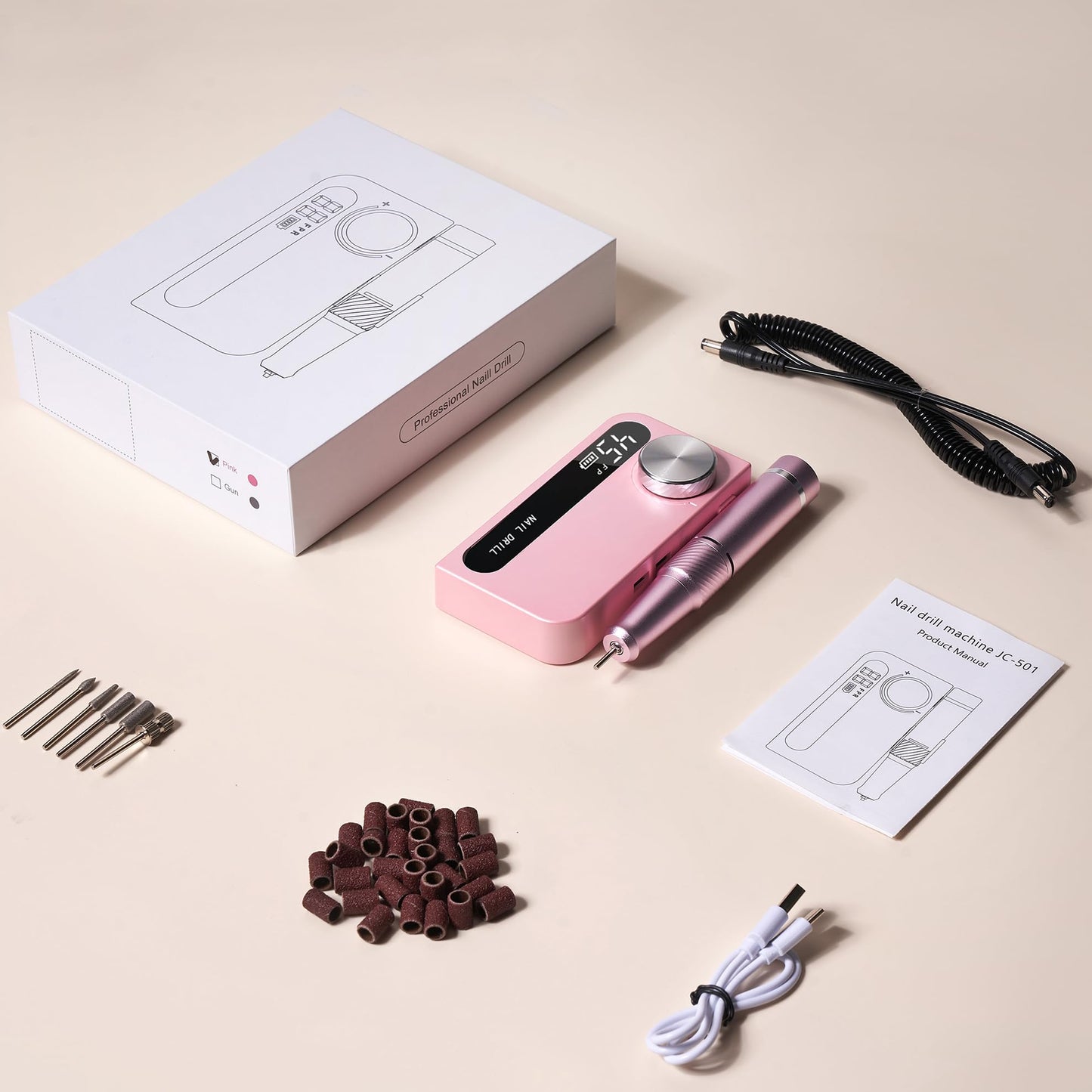 Cordless Electric Nail Drill Professional, Rechargeable Nail File Machine for Acrylic Nails & Gel Polish, Portable Manicure & Salon Nail Kit for Home Use (Pink)