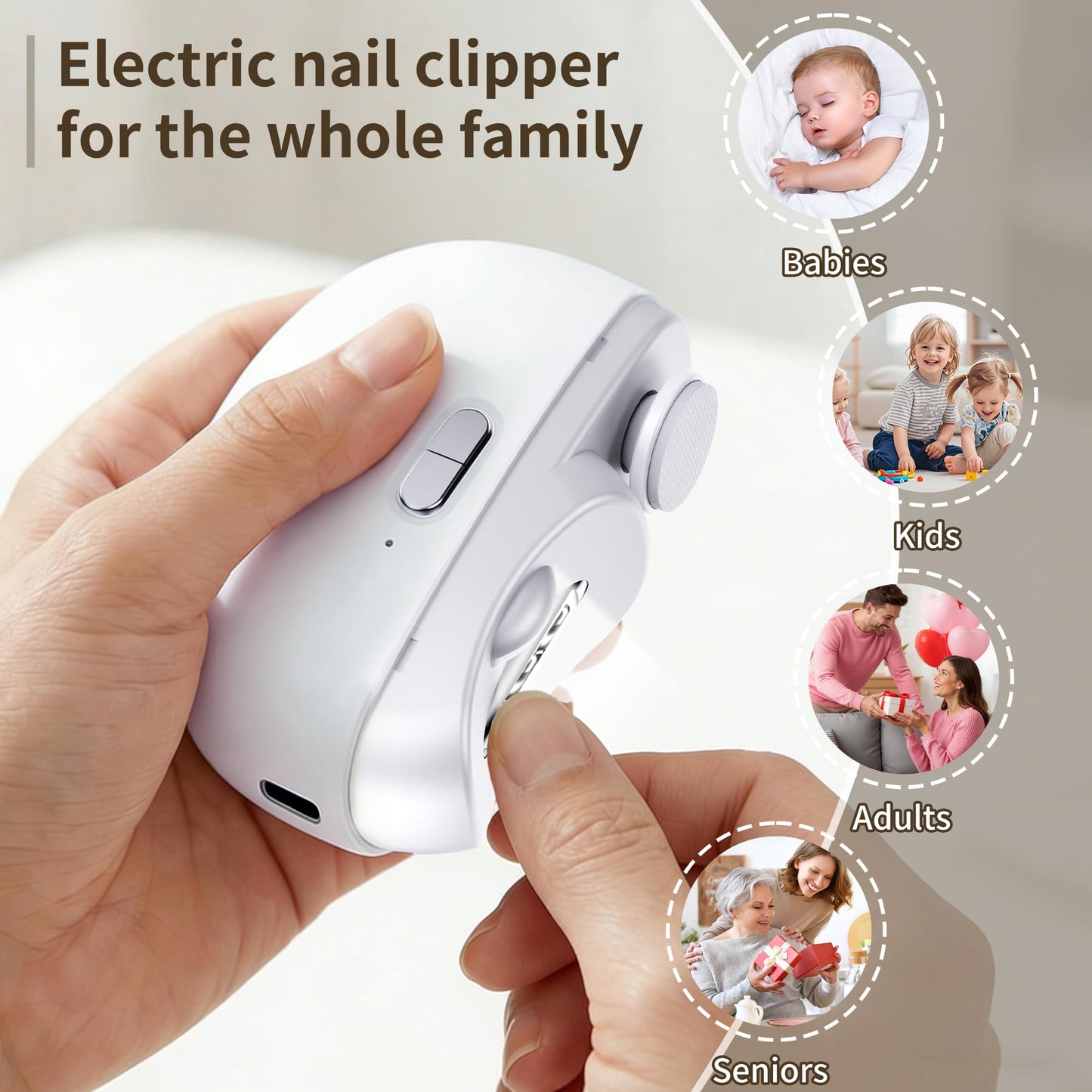 Electric Nail Clipper, 3-in-1 Automatic Nail Clipper, 2 Speed Automatic Nail File Toenail Trimmer with LED Light, Polishing and Nail Debris Collection, for Baby, Kids, Adults and Seniors (White)