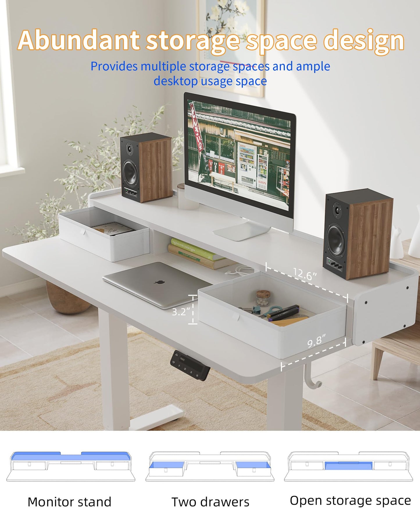 YIHAYO Electric Standing Desk with Drawers, 55 x 24 Inches Adjustable Desk with Storage Shelf, Stand Up Desk with Splice Board, Computer Table for Home Office,White Frame/White Top