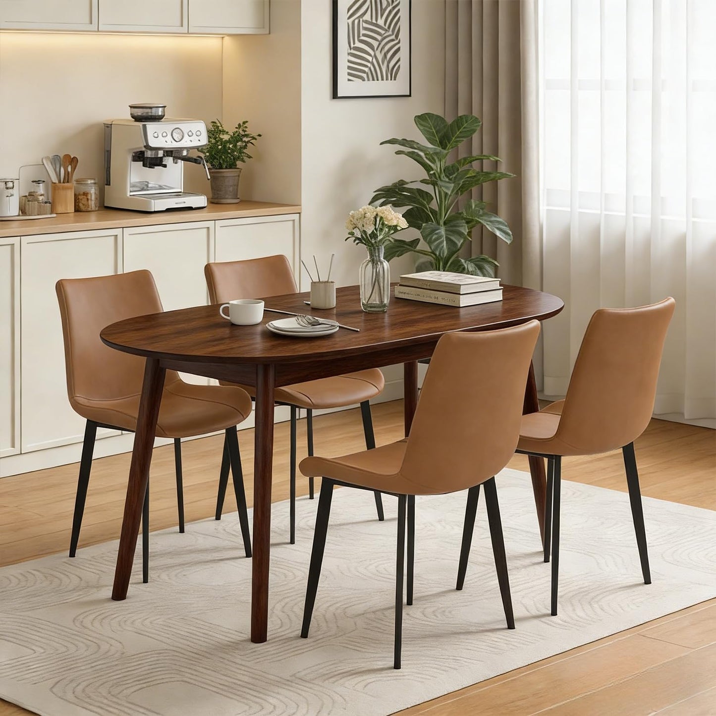 domusdisn 63" Oval Dining Table Set for 4, 5 Piece Modern Dining Table Set for Kitchen and Dining Room Furniture, Solid Wood Legs Dining Table with 4 PU Leather Chairs（Walnut Table+4 Brown Chairs