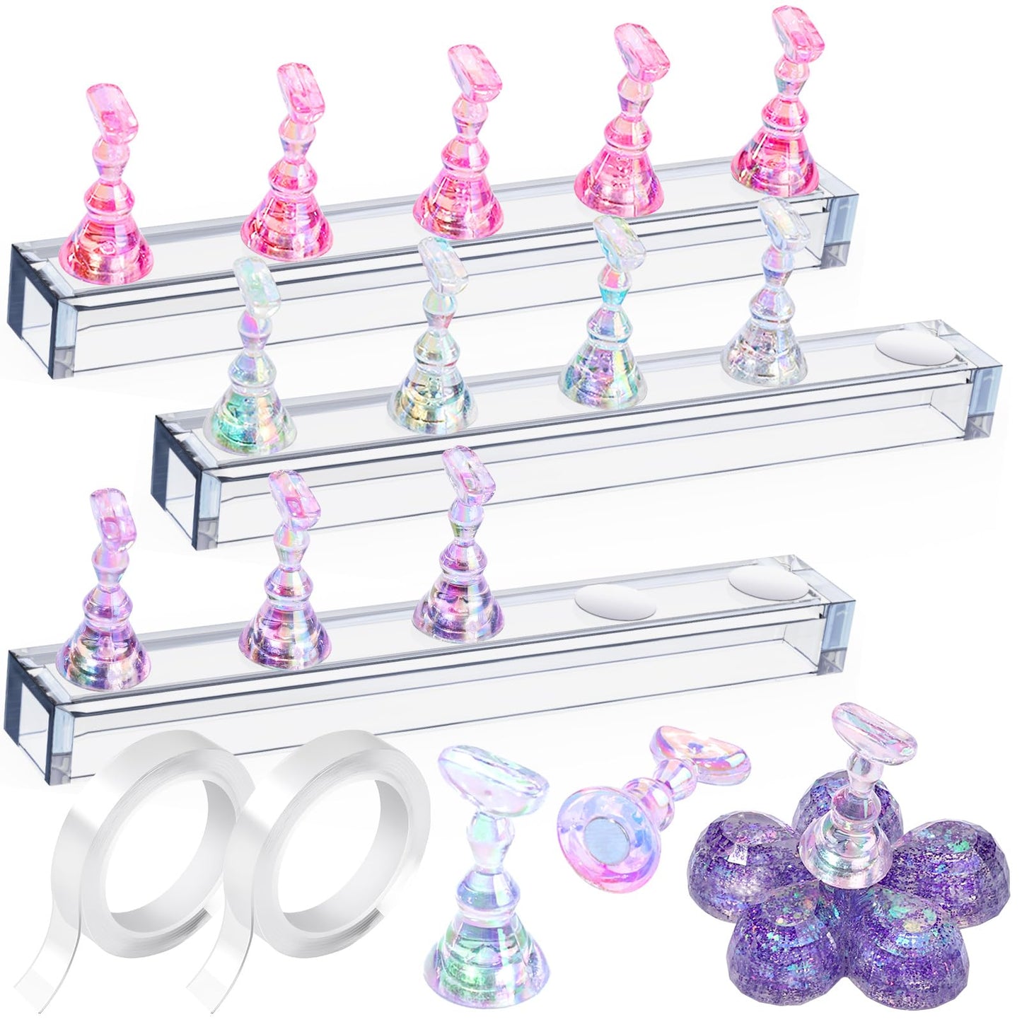 Fandamei Nail Stand, 3 Set Nail Art Stand for Press On, Nail Holder for Painting Nails, Press on Nail Stand for Practice, Magnetic Acrylic Nail Design Stand for Display with Double-sided Tape