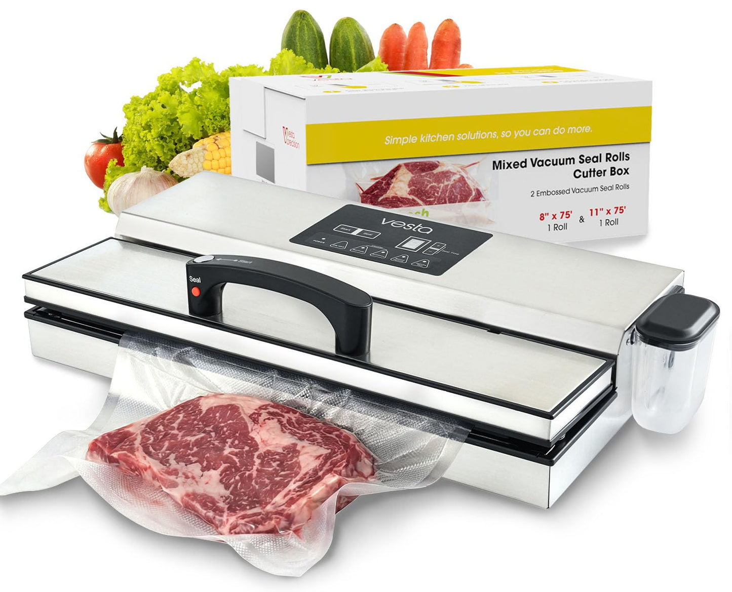 Vesta Precision 16'' Commercial Vacuum Sealer Machine for Moist Foods, 95kPa Heavy Duty Meat Sealer with Dual Vacuum Pumps & Auto Cooling, Adjustable Sealing and Vacuum Time Control, Stainless Steel