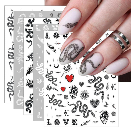 5 Sheets Snake Nail Art Stickers 3D Self-Adhesive Animal Nail Sticker Cartoon Snake Design Nail Decals for Women Girls Animal Manicure Tips DIY Nails Accessories