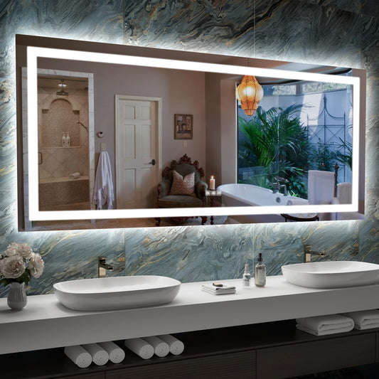 SHUAFA LED Mirror for Bathroom, 72x32 Inch Backlit + Front Lighted Bathroom Vanity Mirror with Lights, Double Light Strips, 3 Colors, Shatter-Proof, Anti-Fog and Brightness Memory
