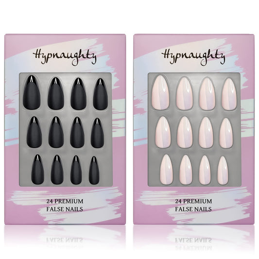 Hypnaughty Press On Nails - Caviar & Light Peach Almond Chrome, Trendy & Salon Quality Reusable Nails With Kit