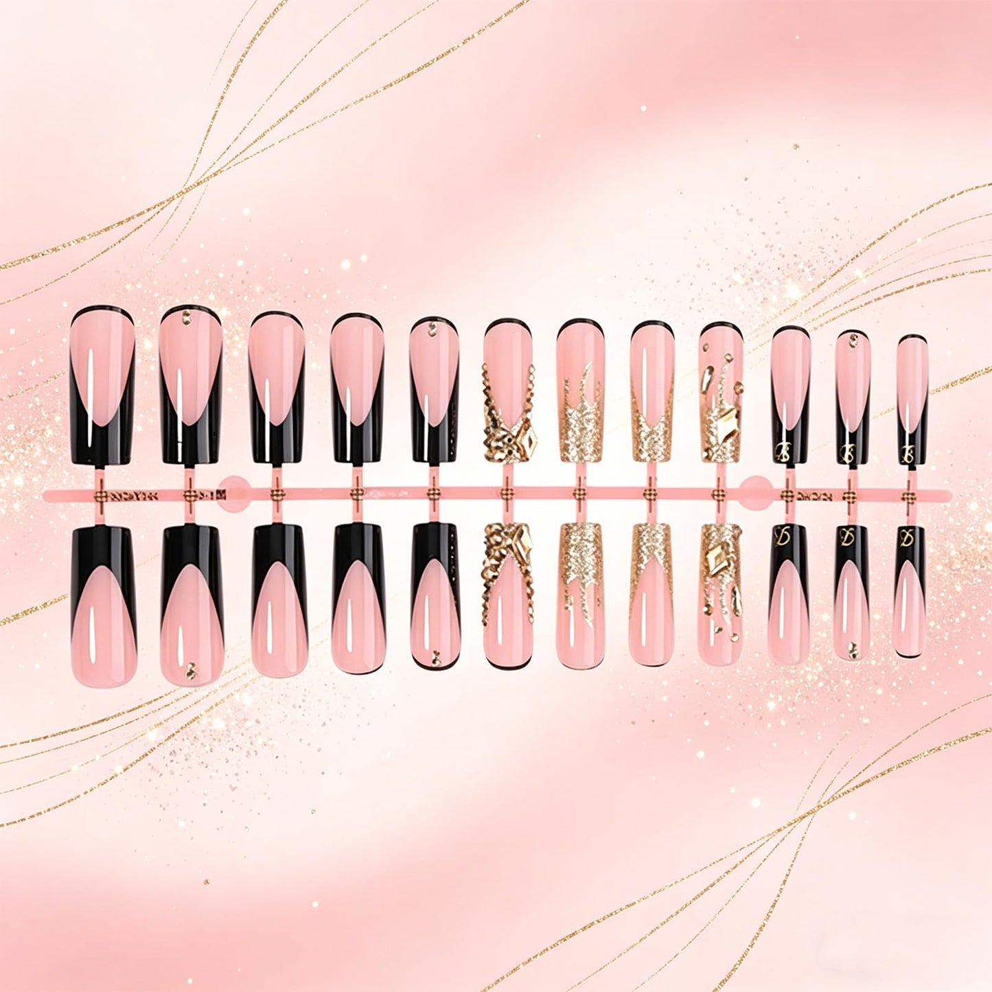 Black Gold French Tips Press on Nails, Long Square Fake Nails with Nude Base, Gold Glitter False Nails Rhinestone Fake Nails, Luxury Reusable Stick on Artificial Fingernails for Women Gift
