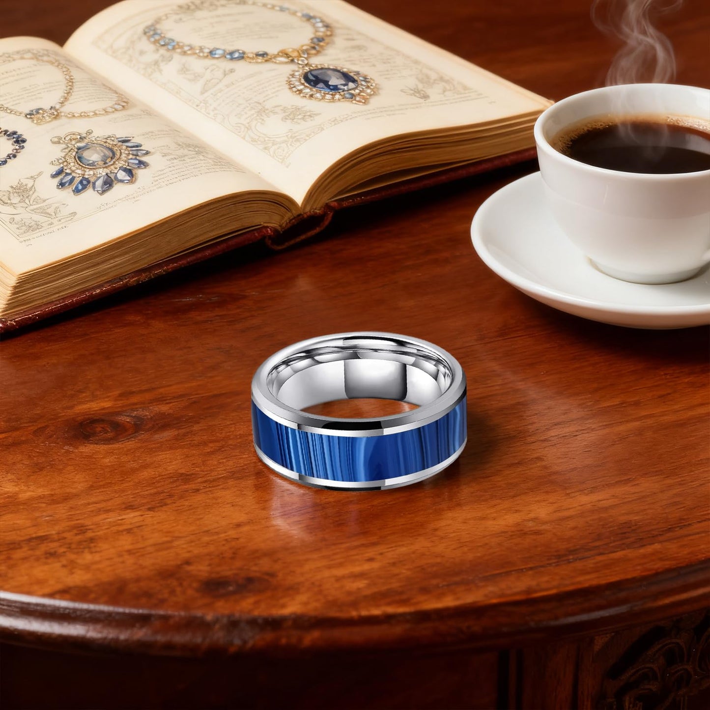 HJIMMNHONG New Carbon Fiber Fashion Rings Double Beveled Edge Delicate Polished Simple Stainless Steel Mens and Women Rings,8mm,Size Available (Peacock Blue, 11)