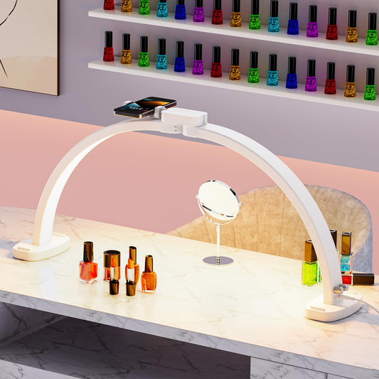 TideNaga Nail Light for Desk, 31" Foldable Half Moon Nail Desk Lamp with Phone Stand Perfect for Beginner, Color Temperature/Brightness Stepless Adjustment Arch Tech Light (White)