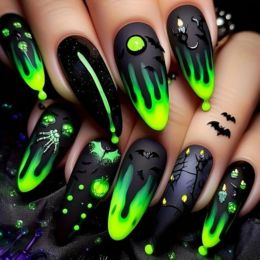 CJDLTS 24Pcs Halloween Fluorescence Press on Nails Long Bat Candle Skull Pattern Halloween Nail Full Cover Artificial Acrylic Fingernails French Tip Almond Stick on Nails for Women Festival Decoration