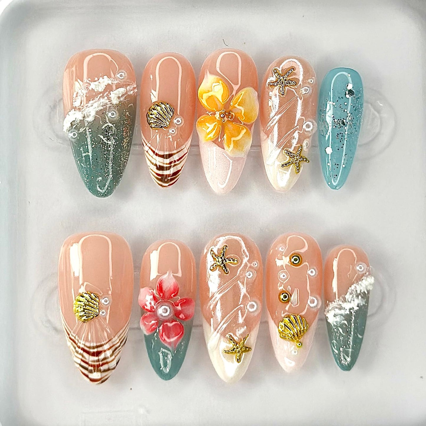 Luxury Press on Nails Medium Almond French Tip Handmade 3D Unique Reusable ABS Material Fake Nails Summer False Nails with Designs Plumeria Floral Art Petal Glossy Glue on Nails Thick Acrylic Nails(M)