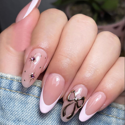 Pink French Tip Press on Nails Medium Almond, Star Diamond Fake Nails with Glue, 3D Gold Bow Stick on Nails Handmade Glossy False Nails for Women DIY Manicure Decoration, 24PCS
