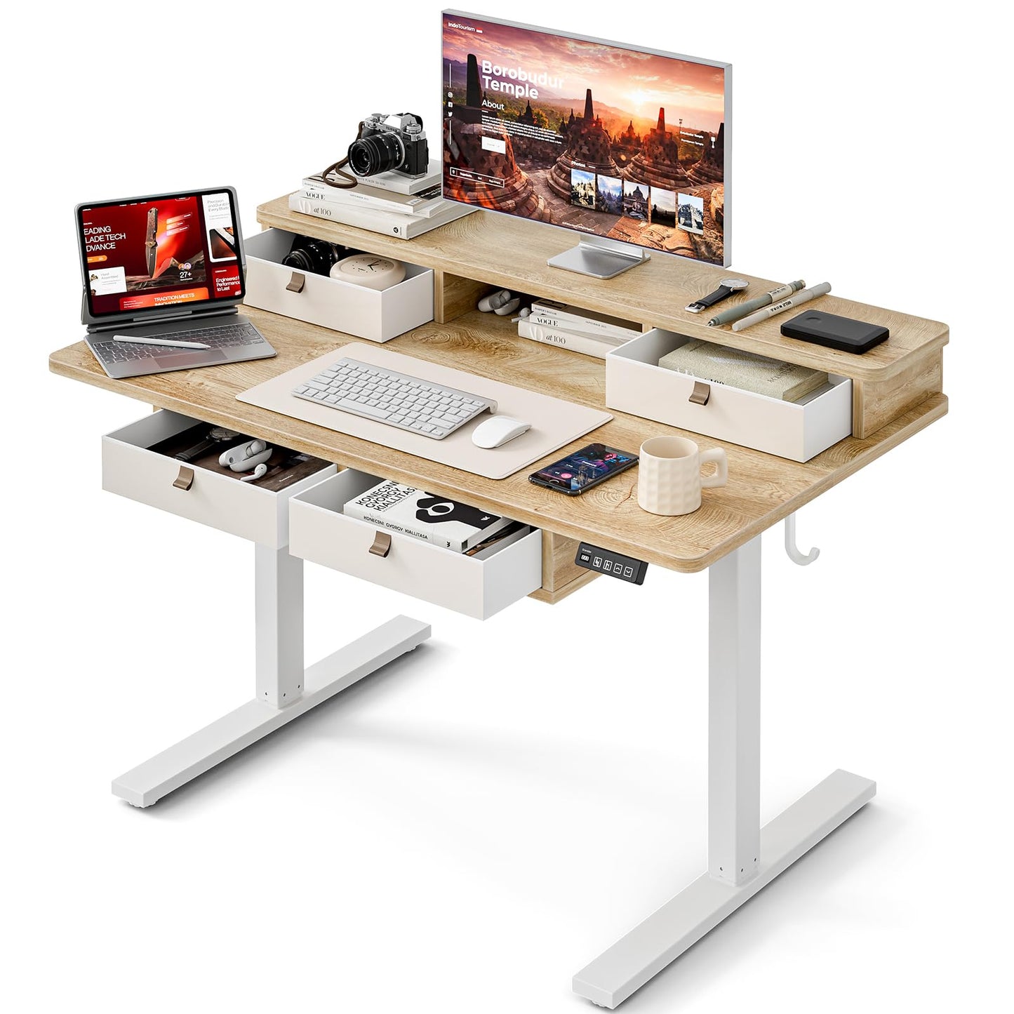 Grandder 47 Inch Electric Standing Desk with Four Drawers, Sit to Stand Up, Height Adjustable Desk with Storage Shelf for Home Office, Study, Ergonomic Adjustable Computer Desk, Oak