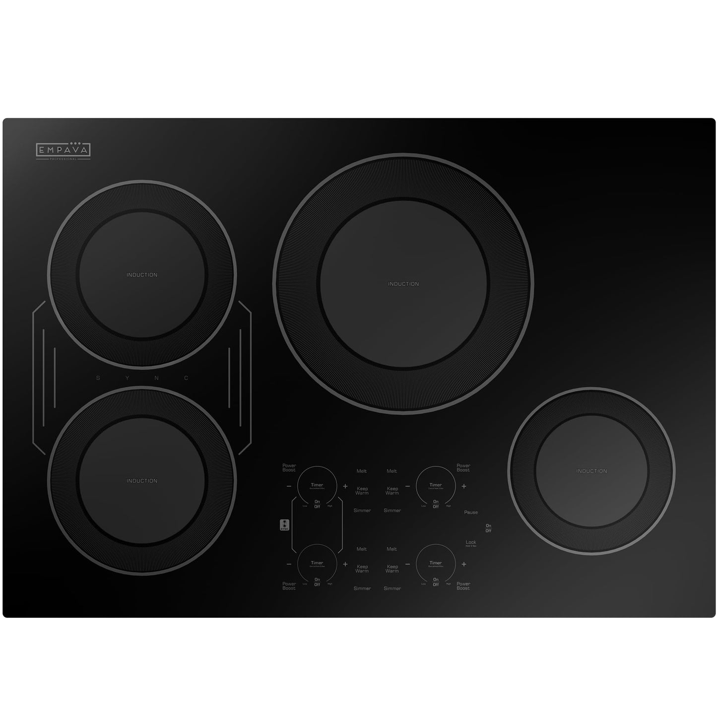 Empava 30 Inch Built-in Induction Cooktop 4 Burner, Bridge-SYNC, Auto RapidHeat, 3 Preset Modes, Pan Sensor, Hardwired 208~240V, 40A, Black Vitro Ceramic Glass