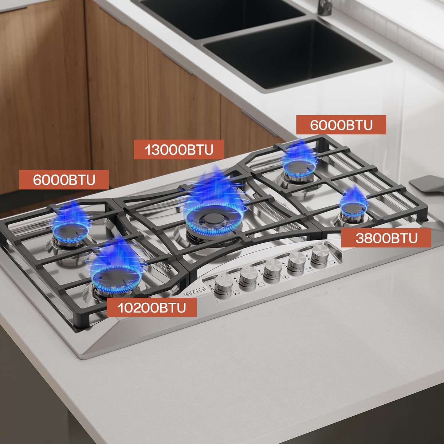 Empava 36 in. Gas Stove Cooktop 5 Italy Sabaf Sealed Burners NG/LPG Convertible in Stainless Steel, 36 Inch