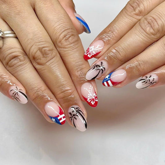 24Pcs Independence Day Nails French Tip Press on Nails Short Almond False Nails Coconut Tree Flower Glue on Nails Design 4th of July Fake Nails American Flag Patriotic Acrylic Nails for Women