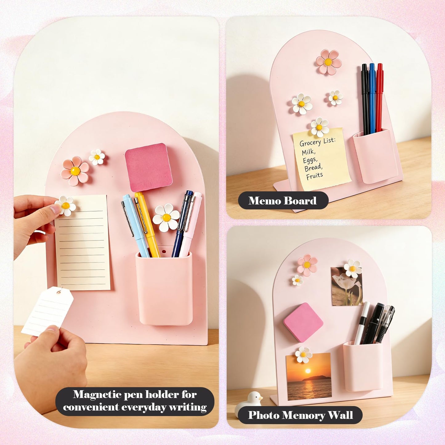 2 Pcs Magnetic Bulletin Board for Tabletops with 4 Flower Magnets, Magnetic Pen Holder, 10x7 Inch Memo Display Easel Stand Photo Display Board, Home School Office Kitchen Table Supplies