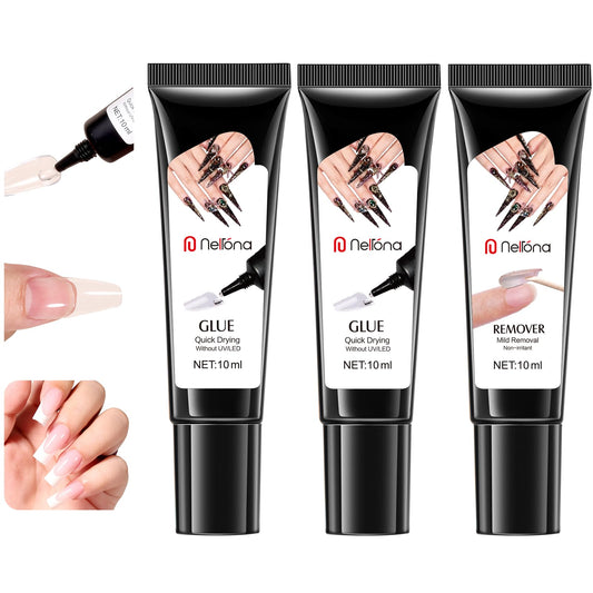 Semi Solid Nail Glue 10ml 2 Pack for Press On Nails with 10ml Remover Kit Nail Tips Glue Gel - No Lamp Needed Quick Drying Long Lasting 30+ Days for Fake Acrylic Nails