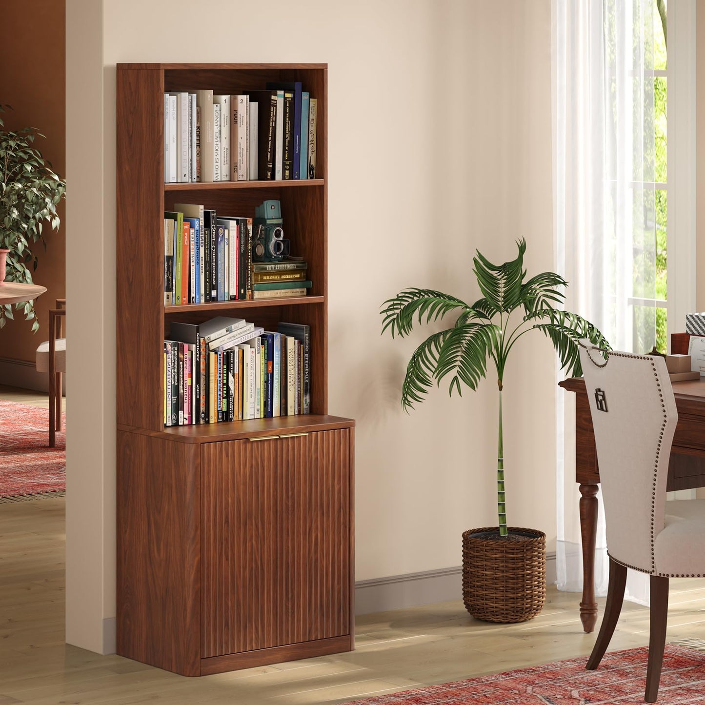 Hootata 71" Walnut Bookcase with Doors, 5 Tier Fluted Tall Bookshelf with Storage, Librero with Cabinet for Home Office, Living Room,or Bedroom