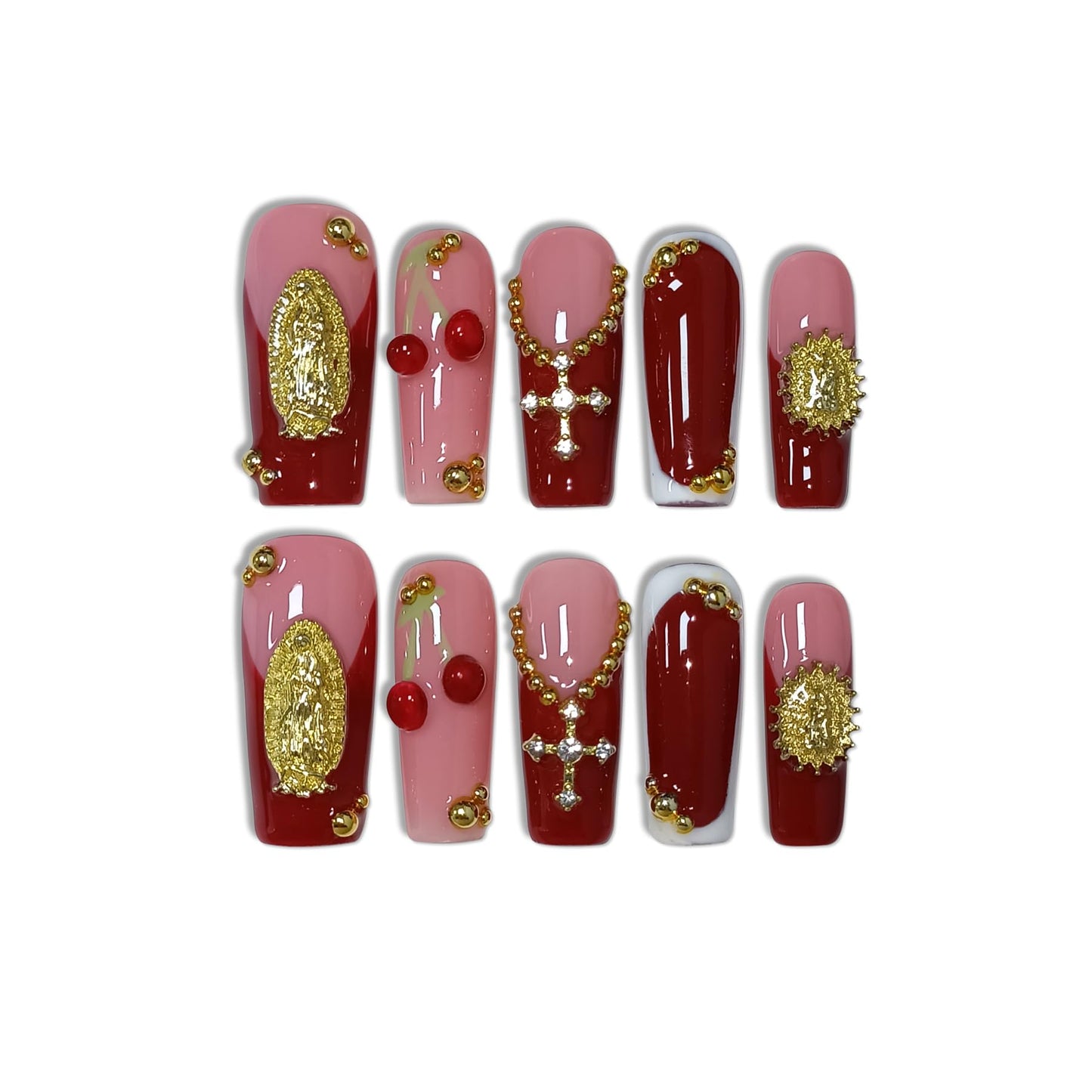TENPAL Burgundy French Press on Nails Long Square,3D Embossed Cross Design Luxury False Nails for Wedding Party,Elegant Gothic Glue on Nails for Women Girls(L)