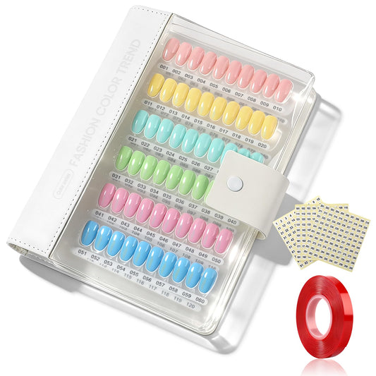 ANGNYA 240 Color Nail Swatch Book, PU Leather Loose Leaf Nail Color Chart Display Book with 250 Nail Tips, 3M Clear Tape, Mini Nail File & Number Stickers for Gel Polish Nails Salon