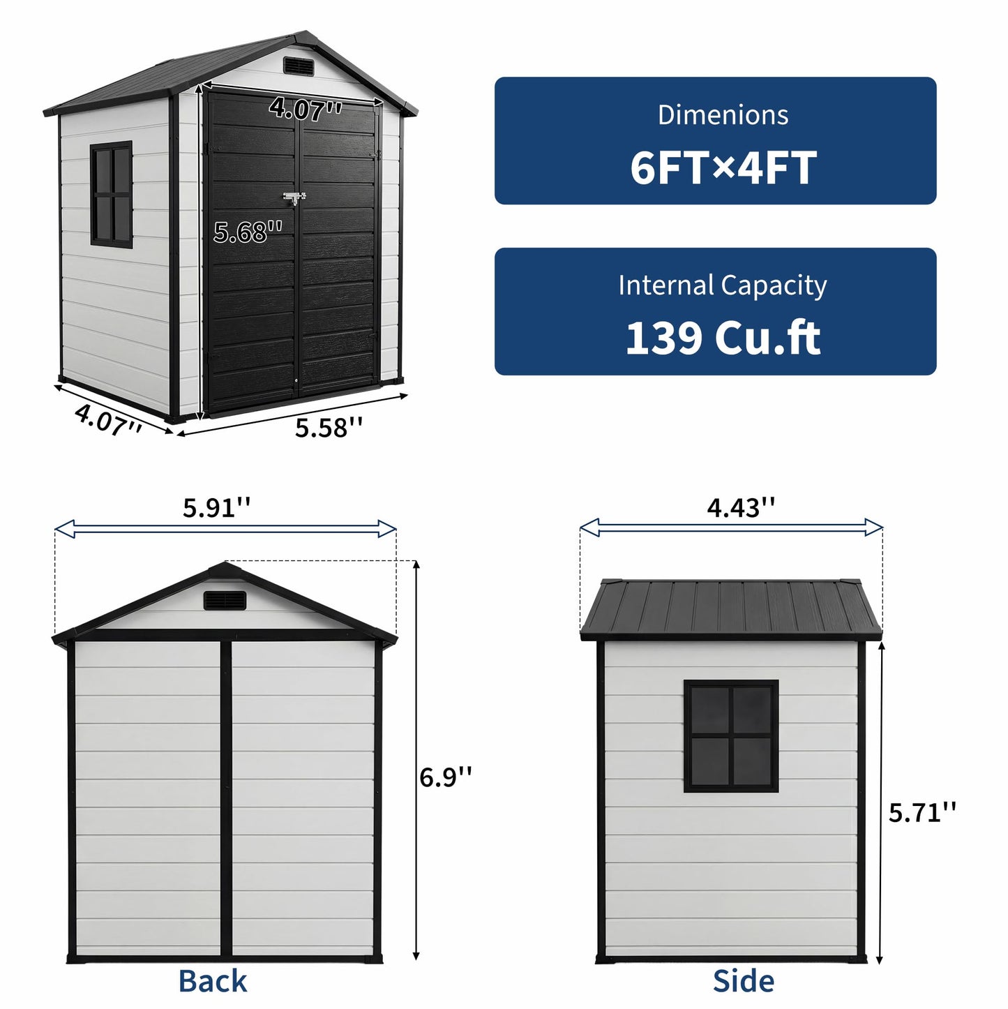 6x4 FT Outdoor Storage Shed with Floor, Plastic Resin Garden Shed with Window & Sloping Roof & Lockable Door for Patio Backyard Garden, Lawn Mower, Bike, Tool Storage