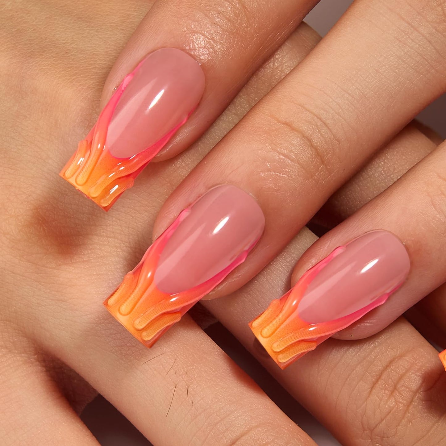 Curvlife 30pcs Press on Nails, Acrylic Fake Nail with Apricot Design, Full Cover False Nails Tips Glossy Nude Glue on Nails Artificial Stick on Nails for Women (3D nails, Long)