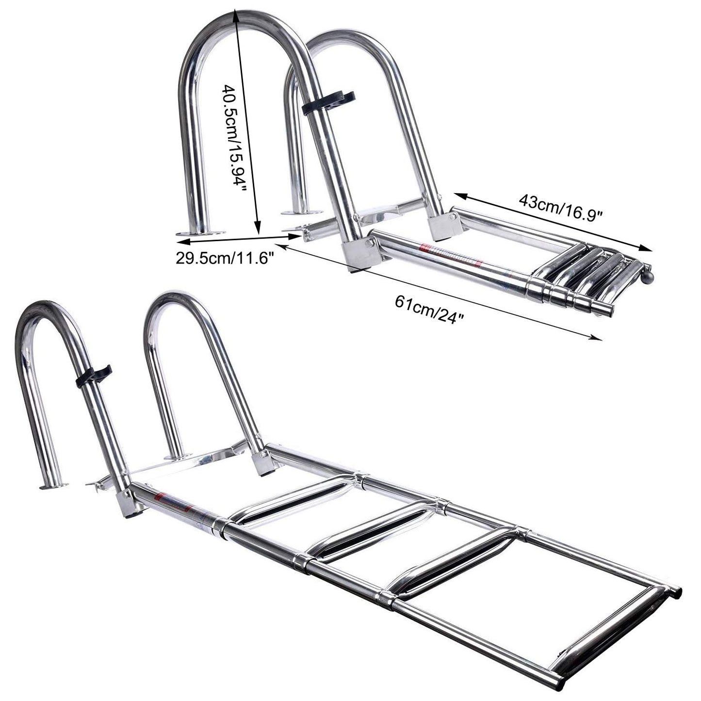 Amarine Made Boat Ladder 4 Steps Removable Premium Stainless Folding Rear Entry Pontoon Boat Ladder w/Extra Wide Step