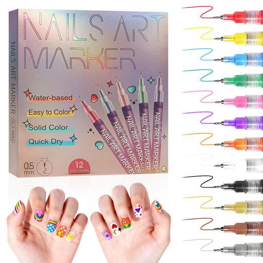 12 Colors Nail Art Pens Set,Fine Tip 0.5mm Nail Art Markers, Quick Dry Waterproof Nail Polish Pens for DIY 3D Graffiti Dotting Painting Nail Design Children And Adults,Manicure Set Gift for Beginners