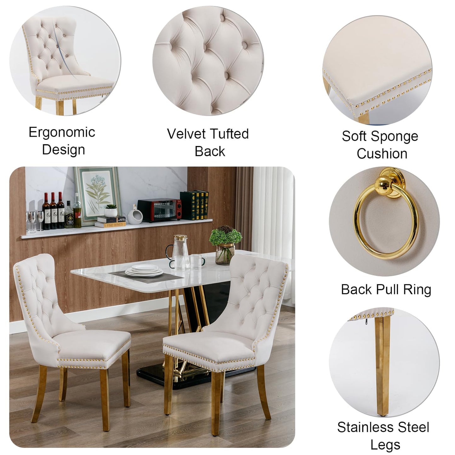 70" Faux Marble Dining Table Set for 6, Modern Marble Dining Room Table with 6 Beige Velvet Dining Chairs Set, Luxurious Kitchen Table with Gold Stainless Steel Pedestal, 7 Piece Dining Table Set