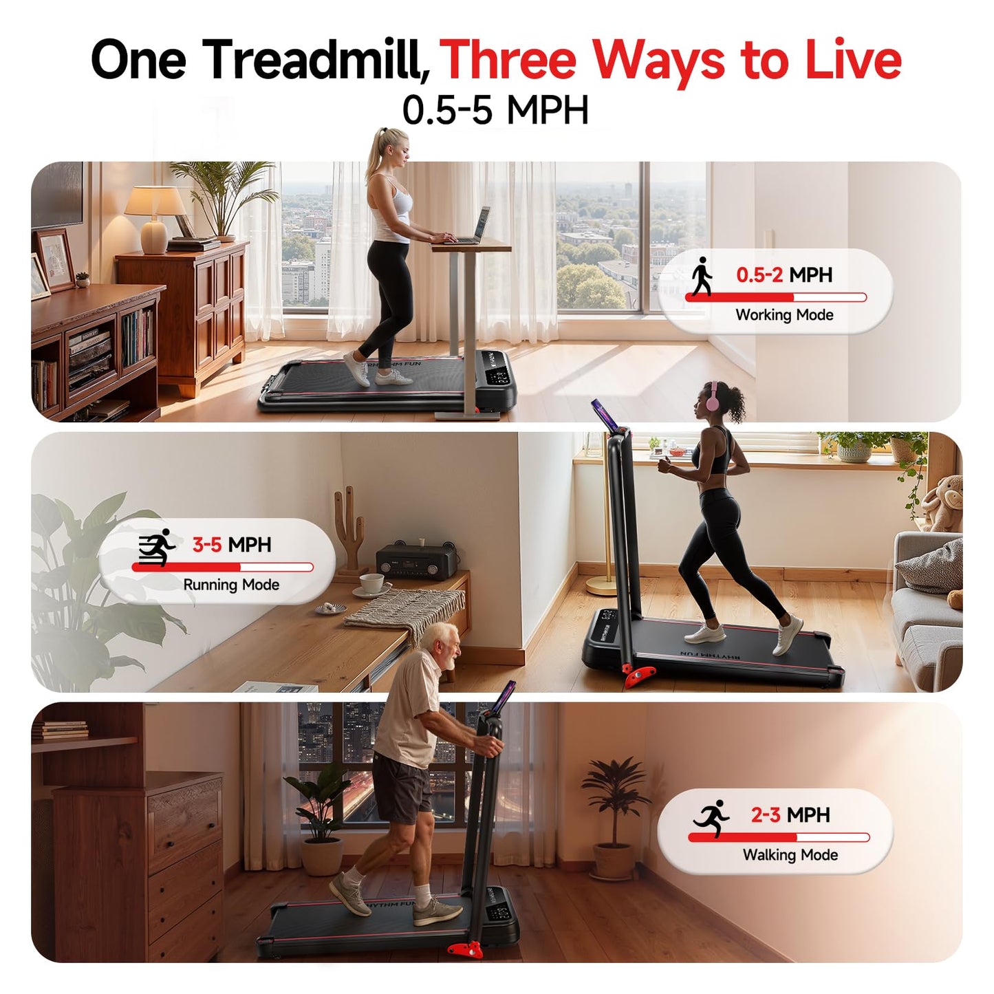 RHYTHM FUN Treadmill with Incline, Walking Pad with Handle Bar,300lbs Walking Pad with APP, Portable Folding Walking Treadmills for Home/Office with Low Noise