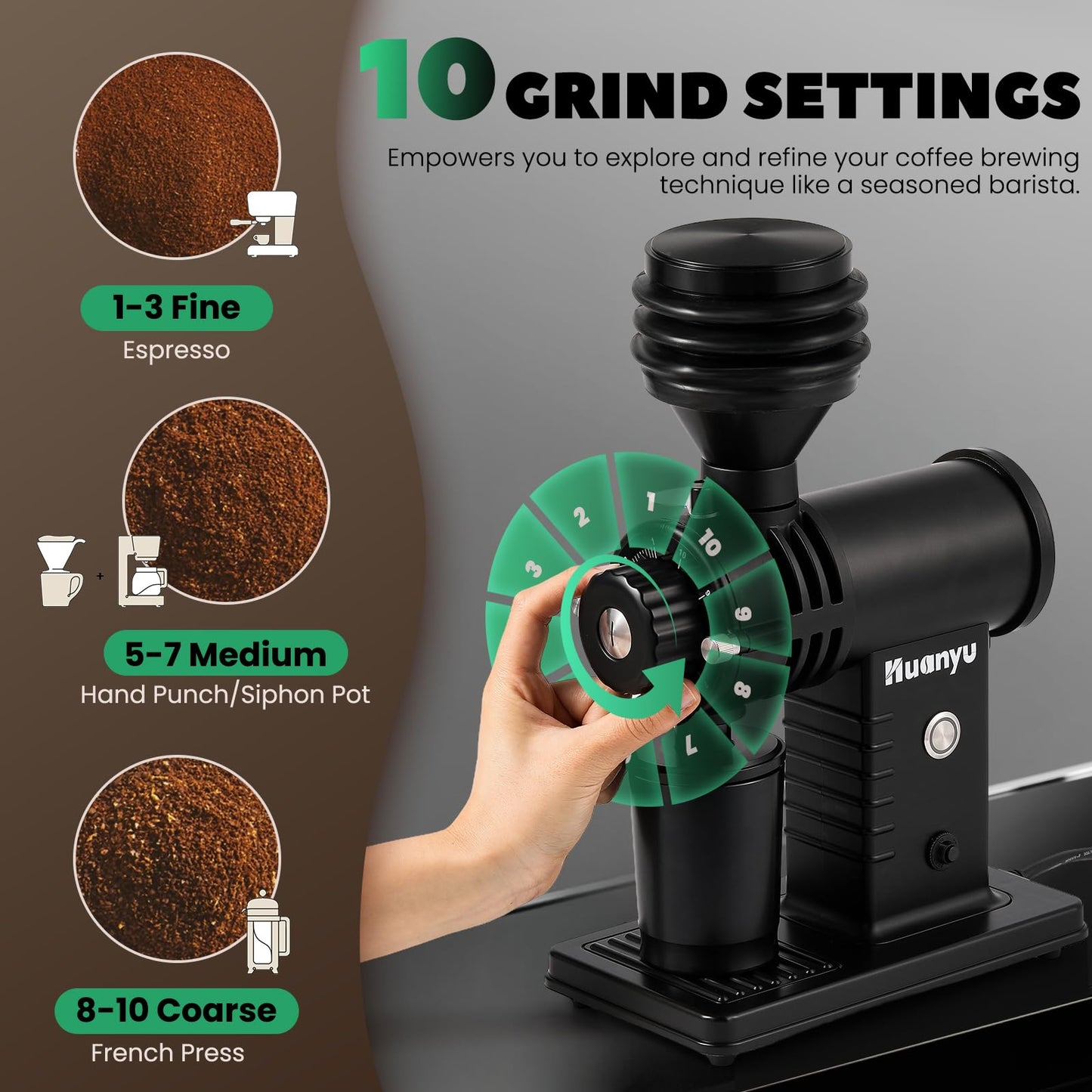 Huanyu Espresso Grinder with Titanium Flat Burr Electric Coffee Grinder with Hopper Bellows 10 Precise Grind Setting Coffee Grinders for Home Use Black