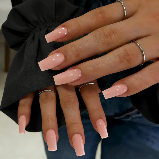 SXVME Press On Nails Long Square - Peach Orange Press on Nails with Glue for Women, Natural Simple Fake Nails Press ons Medium, Glossy Soft Gel Glue on Nails Coffin, Reusable Nail Stick Ons, 24 Pcs