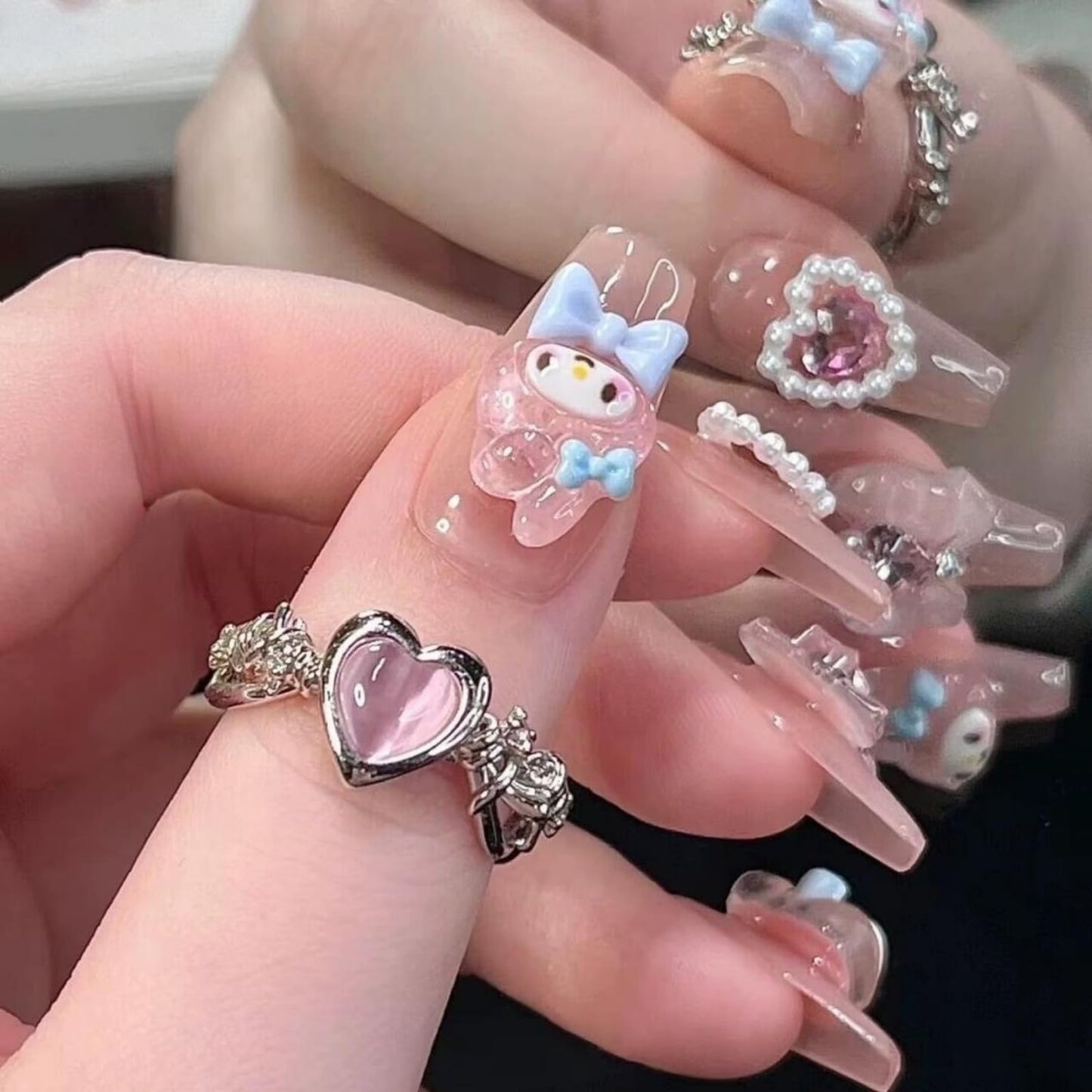 NLSJMP Thick Acrylic Press on Nails, Handmade Gel Press On Nails Long Square, bling pearl Cute bow rhinestone Kawaii Fake Nails Kit,Reusable 10 Nails Size M,#949, 949(Medium)