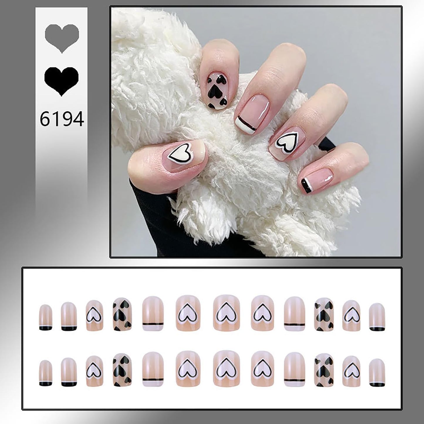 Vezocim Press on Nails Square Short French Tips Black 24Pcs Artificial Square Fake Nails with Heart Designs Glossy Full Cover Acrylic Extra Short Coffin False Nails Glue ons Fingernails for Women