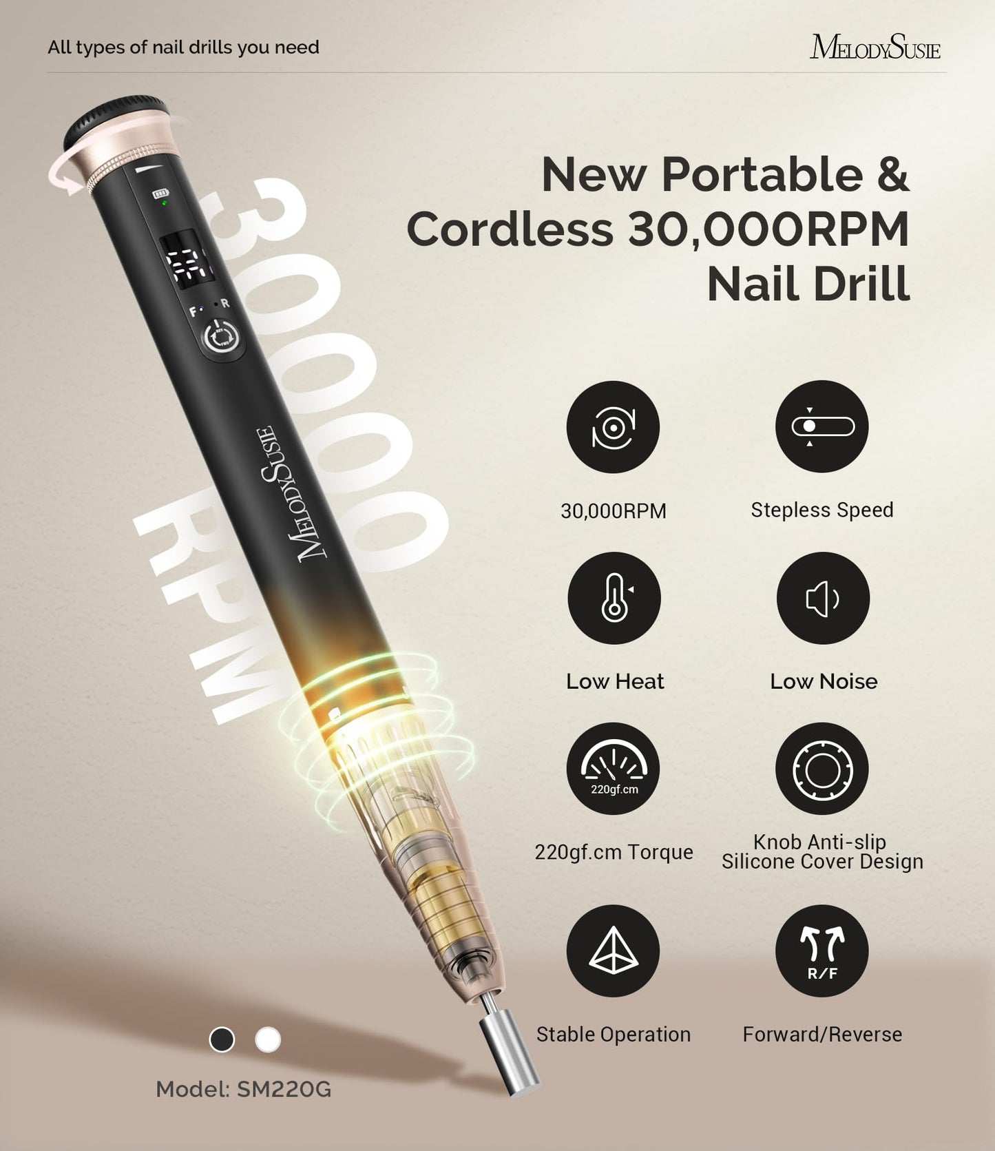 MelodySusie Pen-Shaped Stepless Speed Adjustment Cordless Nail Drill, SM220G 30000RPM Portable Rechargeable E-File with Rotary Lock for All Manicure Shaping & Acrylic Gel Removal for Pros at Home