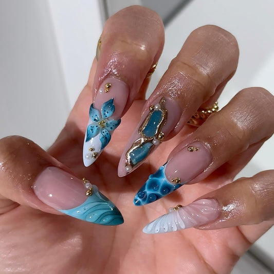 Handmade Almond Press on Nails Long Tip False Nails Summer French Tip Nails Press Ons with 3D Flowers Design Reusable Fake Nails Luxury Full Cover Stick on Nail for Women Manicure 10Pcs (Size M)