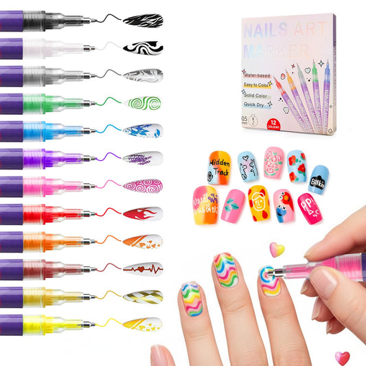 12 Colors Nail Art Marker Pens Set, 0.5 MM Nail Markers for Nail Art, Suitable for Nail Art, Nail Painting,Waterproof and Quick-drying Nail for DIY Nails Art Design Manicure Tools