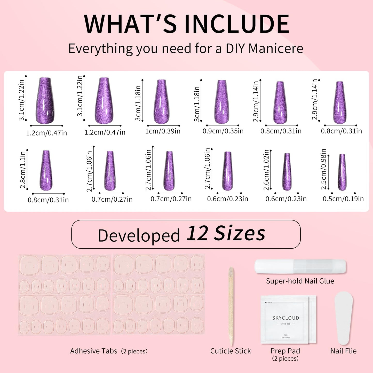 Purple Cat Eyes Press On Nails,12 Sizes - 24 Pcs Soft Gel Purple Long Coffin Fake Nails Kit with Nail Glue, Natural Reusable Stick On False Nails for Women and Girls SK1051