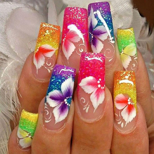 Colorful Press on Nails Coffin Medium Fake Nails with Flower Glitter Designs French Tip Nails Press ons Glossy Glue on Nails Nude False Nails Cute Acrylic Nails Spring Stick on Nails for Women 24Pcs
