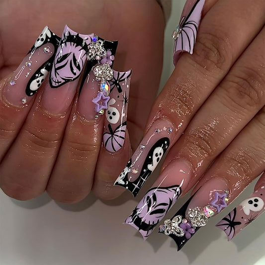 24Pcs Halloween Press on Nails Long Square French Tip Fake Nails with Purple Gothic Ghost Pumpkin Design Cute Flower Butterfly Star Gems False Nails Full Cover Artificial Glue on Nails for Women DIY