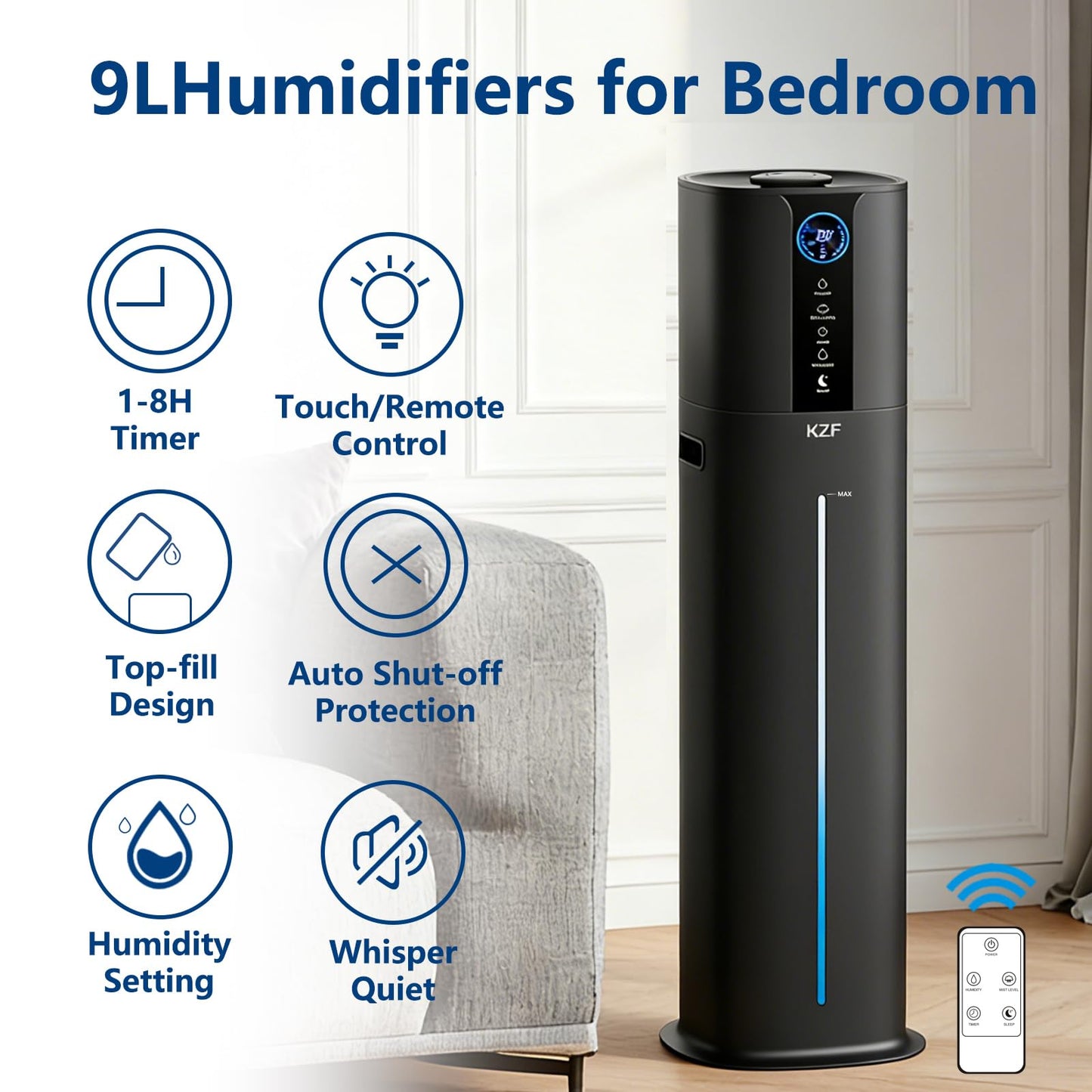 KZF 9L Smart Humidifiers for Bedroom Large Room, 2.3Gal Cool Mist Top Fill Diffuser App & Remote Control, 3 Mist Modes, Quiet Humidifier for Home Office Plant (Black, Remote Control)