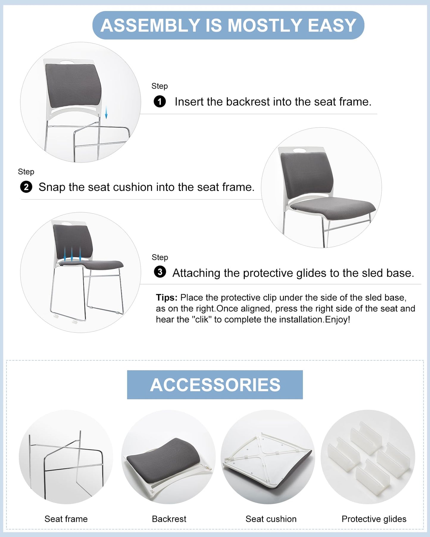 VACYOVKE 4 Pack Stacking Chairs 1102LB Capacity Home Office Guest Chair Set With Sled Base, Modern Reception Chair for Kitchen, Waiting Room, Multi-Purpose, Break Room, Training, Cafeteria, Gray Color