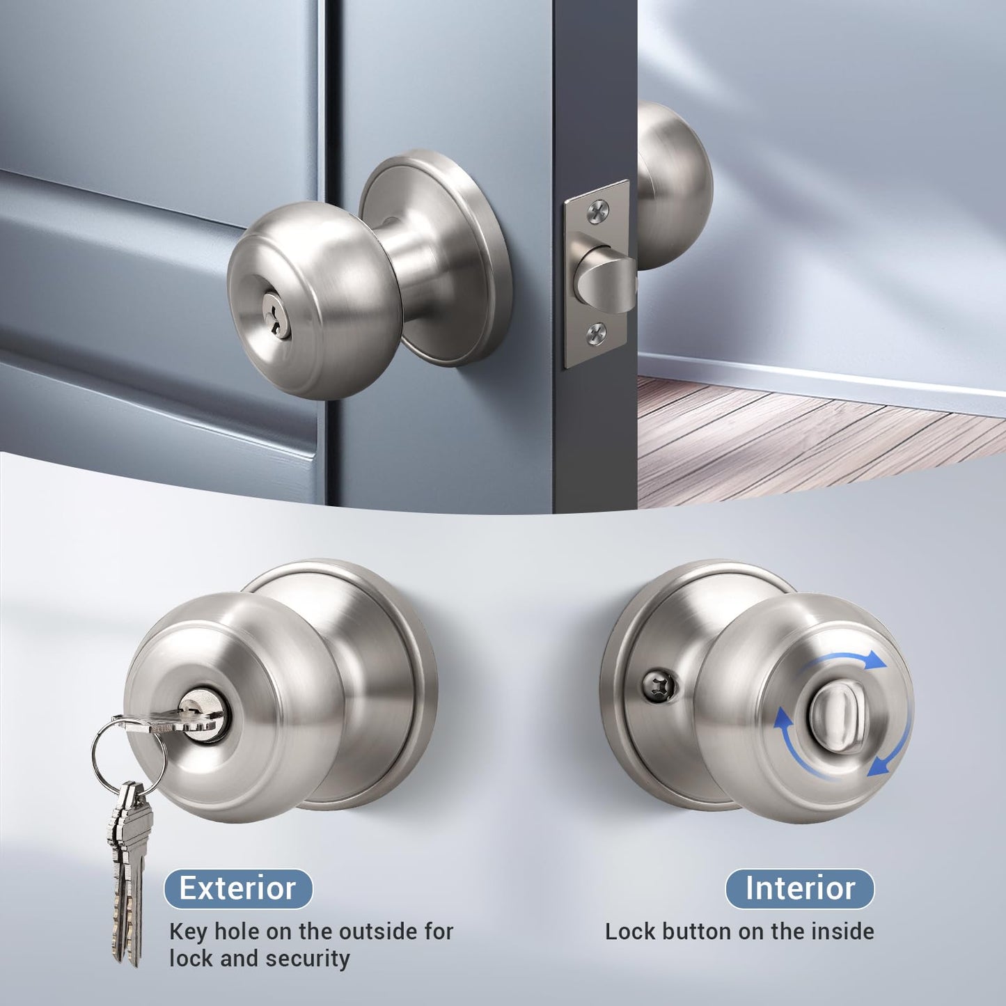 KNOBWELL 3 Pack Brushed Nickel Door Knob with Lock and Key, Keyed Alike, Exterior Keyed Door Knobs Lock with Same Keys in Solid Stainless Steel for Entrance and Front Door, Round Ball Handle