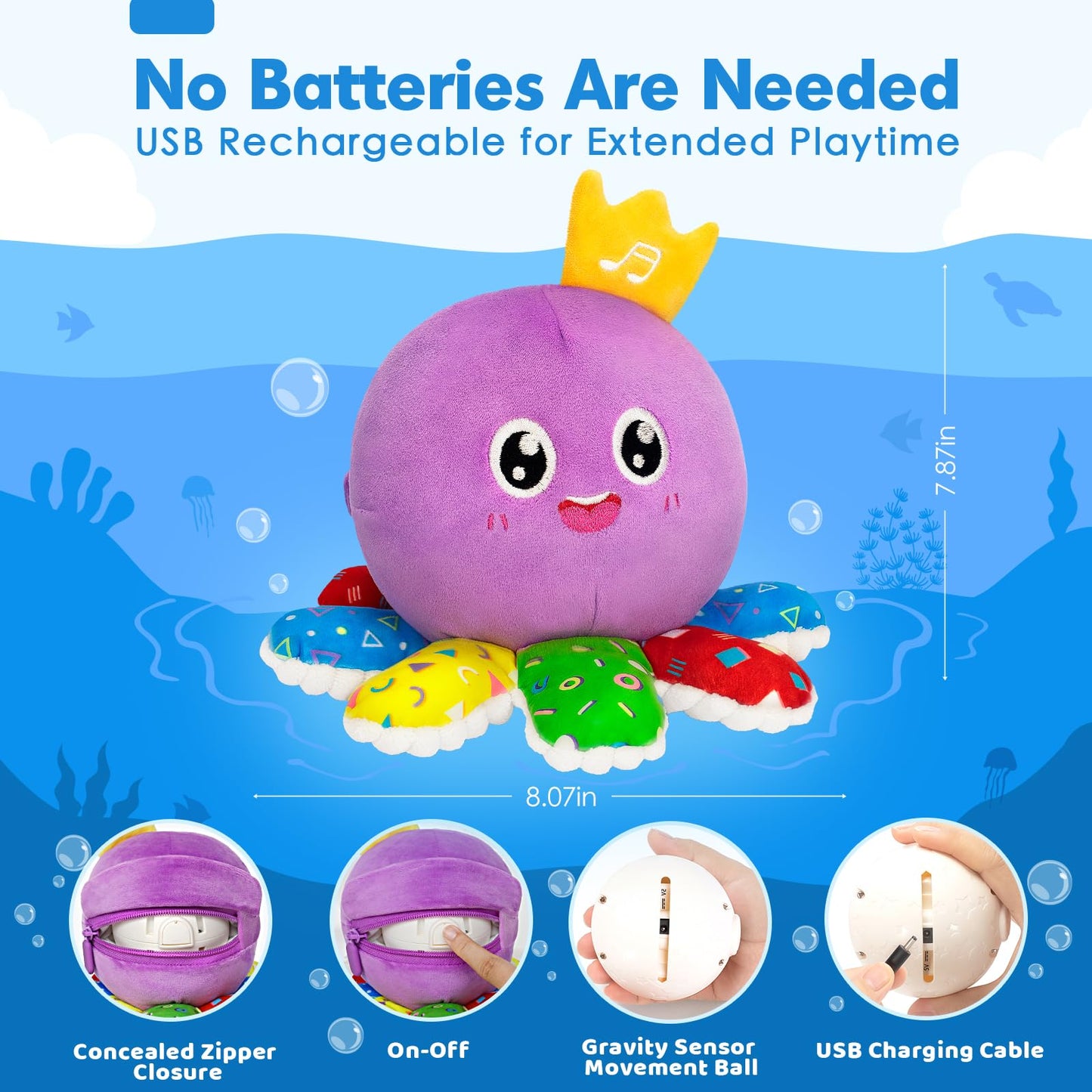 Baby Toys 6-12 Months,Musical Crawling Octopus Plush Toy,Sensory Toys for Infants,Birthday Boy 7 8 9 10 12-18 Month,Tap and Voice Interaction,Walking Bouncing Learning Tummy Time Toy